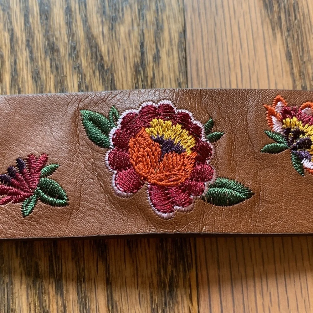 XL brown floral embroidered boho festival belt with silver buckle